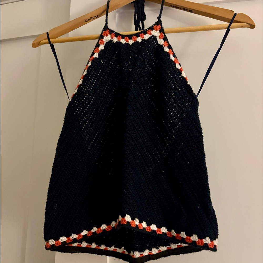 Navy blue Crochet Halter Top with orange & White Trim